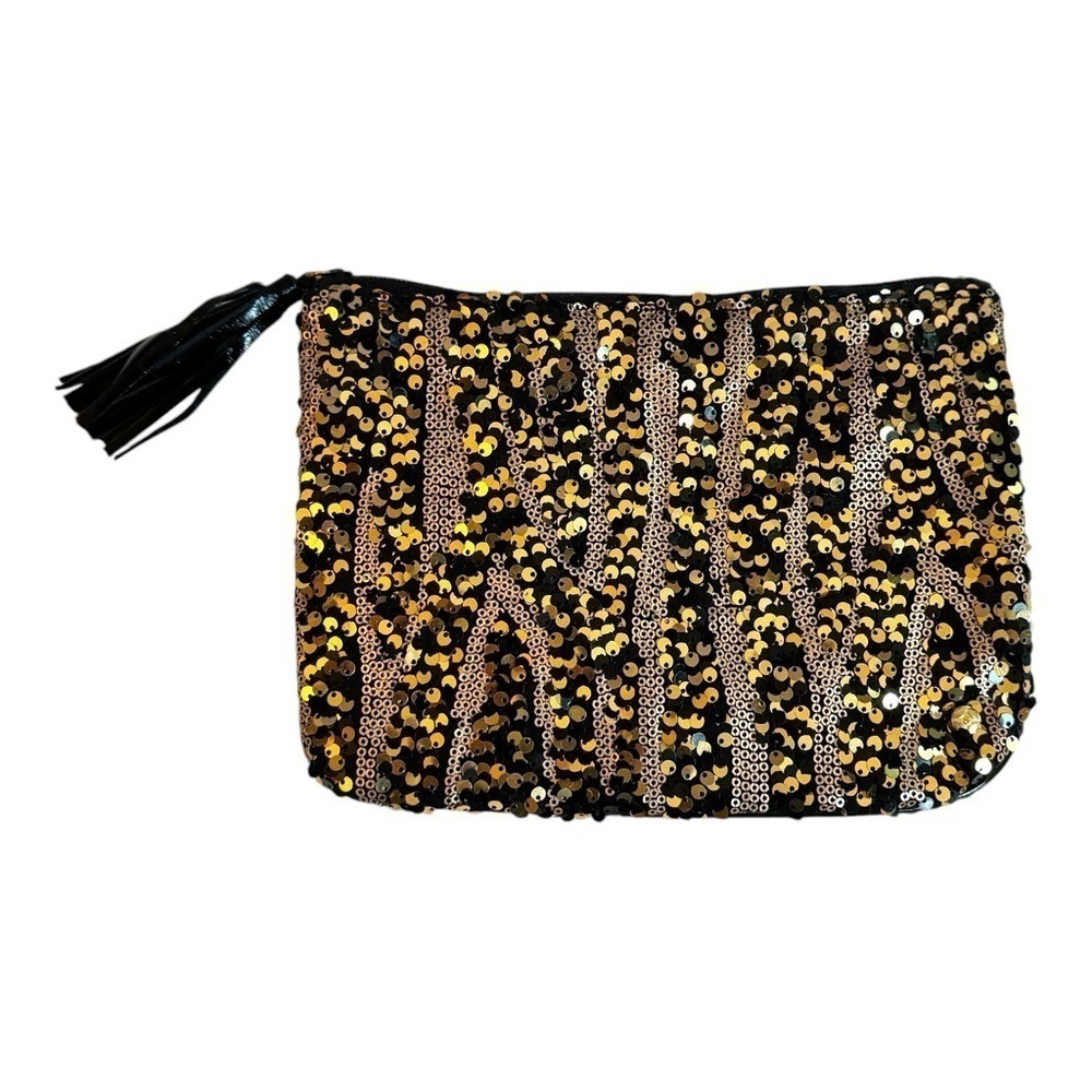 Stephanie Johnson Black Gold Sequin Zip Top Small Clutch Tassel
